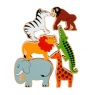 Set of six colourful wooden world animals including elephant, lion and crocodile in a net bag