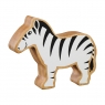 A wooden toy black and white zebra in profile with a natural wood grain edge