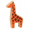 A wooden toy orange giraffe in profile with a natural wood grain edge