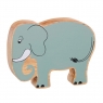 A wooden toy grey elephant in profile with a natural wood grain edge