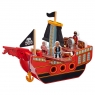 Child playing with red wooden Pirate ship with pirate in hand balancing the captain