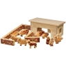 Natural wood smaller barn building with farm animals, people, walls, fences and gates; 18 in total