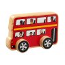 Chunky, wooden red double decker bus toy car with multi cultural passengers and natural wood edge