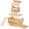 Exploded view of small wooden Noah's ark boat showing body, ramp, deck, house, roofs and ladder