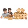 Two children playing with Noah's ark wooden toy boat and characters, holding panda figurines