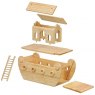 Exploded view of natural wood Noah's ark boat showing body, ramp, deck, house, roofs and ladder