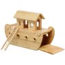 Natural wood Noah's ark showing assembled boat without characters, ramp down and ladder to side