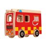 Red/ Yellow wooden fire engine playset with natural wood edge,  ladder and 3 peg firefighters