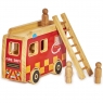 Red/ Yellow wooden fire engine playset with natural wood edge,  ladder and 3 peg firefighters