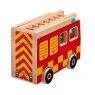 Reverse view of wooden fire engine playset showing yellow/red zig zags and detailing on vehicle