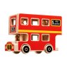 Red wooden double decker bus playset with black wheels, natural wood edge and 5 peg people