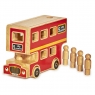 Red wooden double decker bus playset with black wheels, natural wood edge and 5 peg people