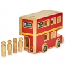 Red wooden double decker bus playset in situ sat infront of sign reading 'Leicester 37 miles'