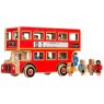 Red wooden double decker bus with cut out windows, 16 multi cultural figurines and removable roof