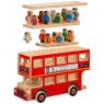 Exploded view of wooden red bus, two decks, passenger figurines, driver and roof
