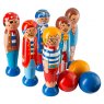 set of six colourful wooden pirate skittles with three balls