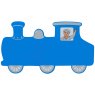 A small, flat wooden name board plaque in blue train design with silver details and driver