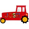 Large, flat wooden name plaque in red tractor design with Josh spelt in multicoloured letters