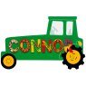 Large, flat wooden name plaque in green tractor design with Connor spelt in multicoloured letters