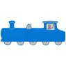 A large, flat wooden name board plaque in blue train design with silver details and driver