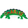 Flat name board plaque in green dinosaur design with Charlie spelt in multicoloured letters