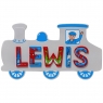 Small, flat wooden name plaque in silver train design with Lewis spelt in red and blue letters
