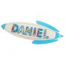 Large, flat wooden name board plaque in silver rocket design with Daniel spelt in blue letters