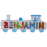 Large, flat wooden name plaque in silver train design with Benjamin spelt in multicoloured letters