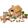 Large natural wood barn building with farm animals, people, walls, fences and hedge, 34 in total