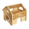 Natural wood two storey toy barn house high side view with roof removed