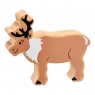 A chunky wooden brown and white reindeer figure in profile with a natural wood edge