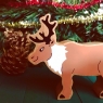 A chunky wooden brown and white reindeer figure in profile with a natural wood edge