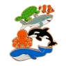 Set of six colourful wooden sealife including seahorse, shark and orca in a stack