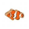 A chunky wooden toy orange and white clownfish figure with a natural wood edge