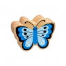 A chunky wooden blue butterfly toy figure with a natural wood edge