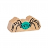 A chunky wooden turquoise spider toy figure with a natural wood edge