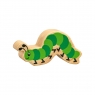 A chunky wooden green caterpillar toy figure with a natural wood edge