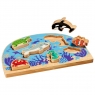 Childresn wooden toy sealife shape sorter tray with six removable colourful sealife characters stood