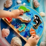 Child playing with wooden sea life toy shape sorter