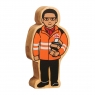 A chunky wooden orange and black delivery person toy figure with a natural wood edge