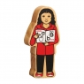 A chunky wooden red and black teacher toy figure with a natural wood edge
