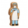 A chunky wooden blue dentist toy figure with a natural wood edge