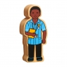 A chunky wooden blue and black nurse toy figure with a natural wood edge