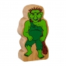 A chunky wooden green troll toy figure in profile